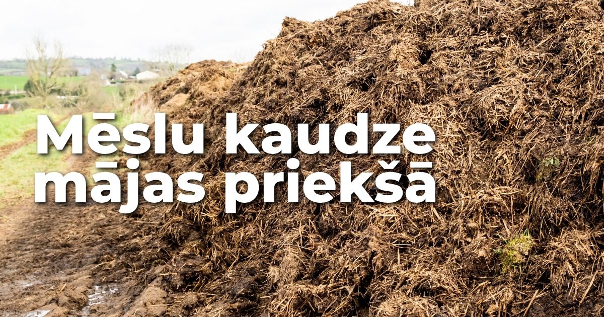 Mēslu kaudze mājas priekšā